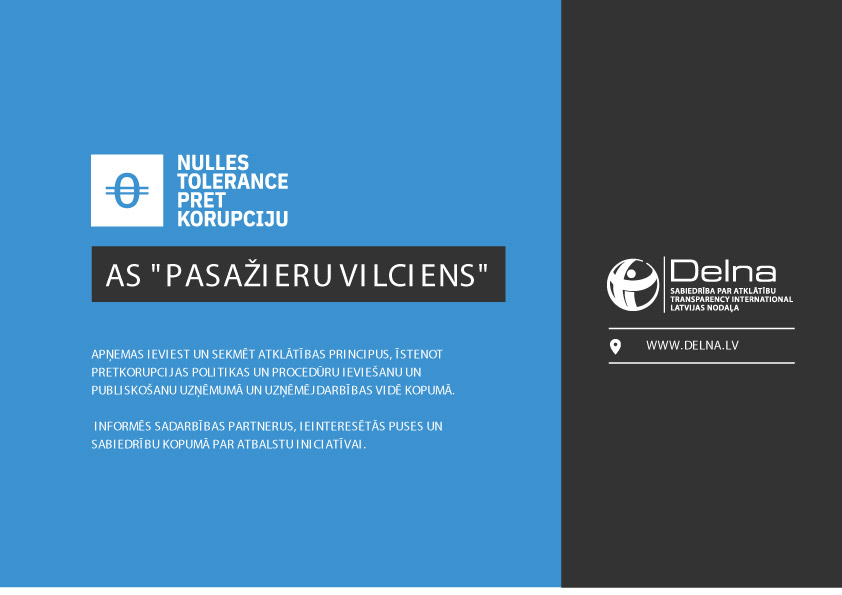 AS “Pasažieru vilciens” ir pievienojusies Sabiedrības par atklātību “Delna” iniciatīvai “Nulles tolerance pret korupciju”